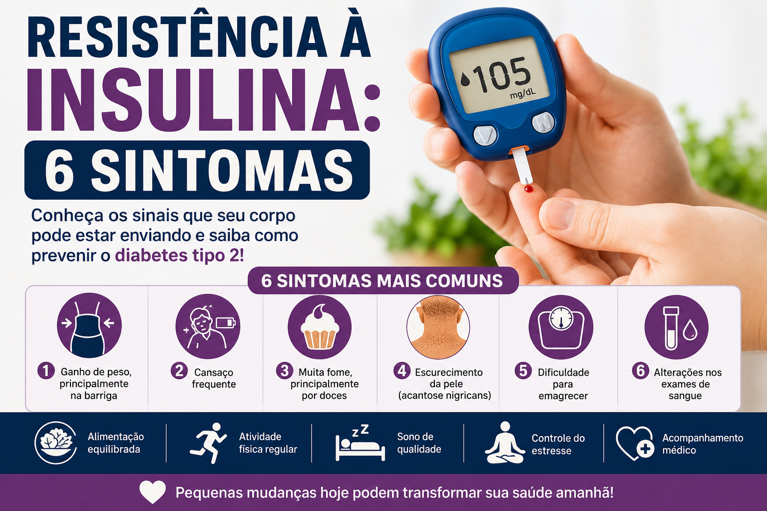 Infográfico sobre Resistência à Insulina: 6 Sintomas, mostrando ganho de peso abdominal, cansaço, fome por doces, escurecimento da pele, dificuldade para emagrecer e alterações nos exames de sangue.