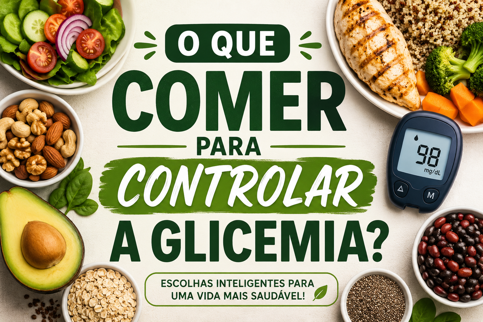 Prato saudável com vegetais, frango grelhado, quinoa, aveia, abacate, castanhas, feijão e glicosímetro ilustrando os melhores alimentos para controlar a glicemia. Descrição da imagem Ilustração de alimentos saudáveis indicados para o controle da glicemia, incluindo salada, frango grelhado, quinoa, aveia, abacate, castanhas, feijão e um glicosímetro. A imagem destaca a importância de uma alimentação equilibrada para prevenir picos de glicose, melhorar a sensibilidade à insulina e auxiliar no controle do diabetes tipo 2. Nome do arquivo (SEO) o-que-comer-para-controlar-a-glicemia-alimentos-saudaveis.webp Esse conjunto está otimizado para SEO, alinhado à palavra-chave principal "O Que Comer para Controlar a Glicemia?" e às boas práticas de indexação de imagens no Google Imagens.