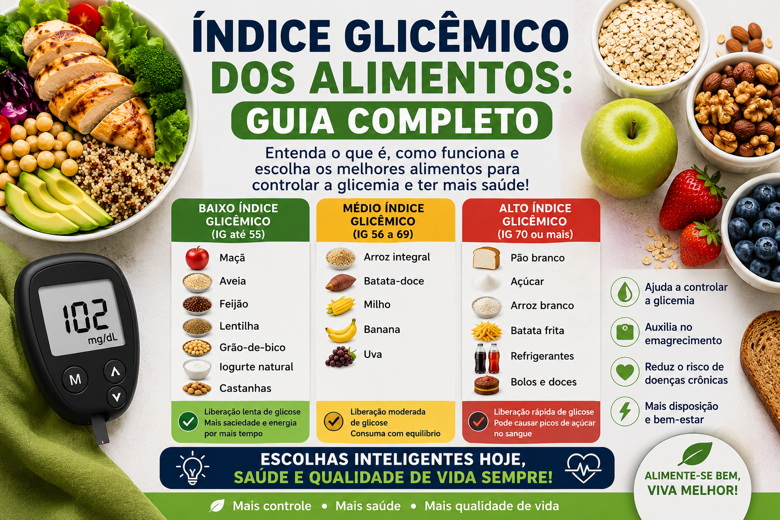 Índice Glicêmico dos Alimentos: Guia Completo Infográfico sobre o índice glicêmico dos alimentos mostrando exemplos de alimentos com baixo, médio e alto índice glicêmico, como aveia, feijão, maçã, arroz integral, batata-doce, pão branco e refrigerantes, além de um glicosímetro e refeições saudáveis.