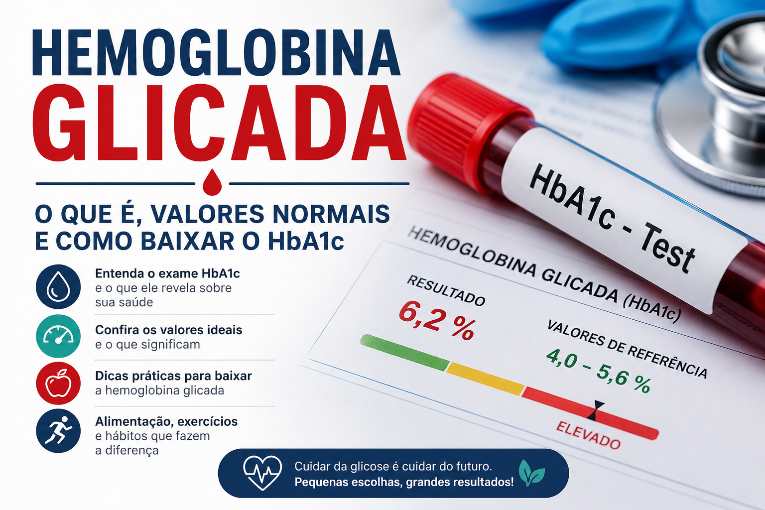 Ilustração sobre hemoglobina glicada (HbA1c) com tubo de exame de sangue, laudo laboratorial e informações sobre valores normais e como baixar a glicose para controlar o diabetes.
