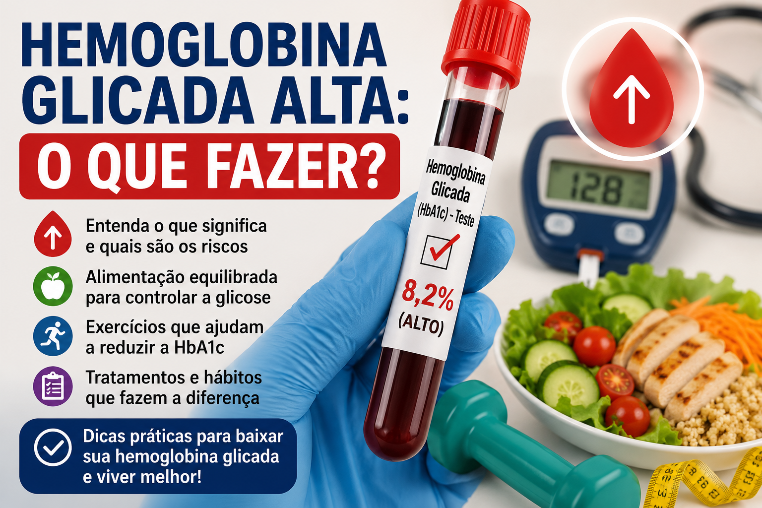 Hemoglobina Glicada Alta: O Que Fazer? Ilustração mostrando um medidor de glicose, exame de sangue, alimentação saudável e atividade física como estratégias para controlar a hemoglobina glicada e prevenir complicações da diabetes tipo 2.